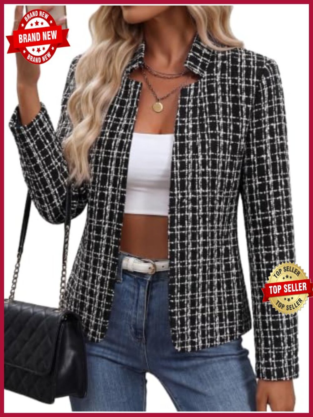 Tweed Plaid Blazer Open Front Tailored Business Casual